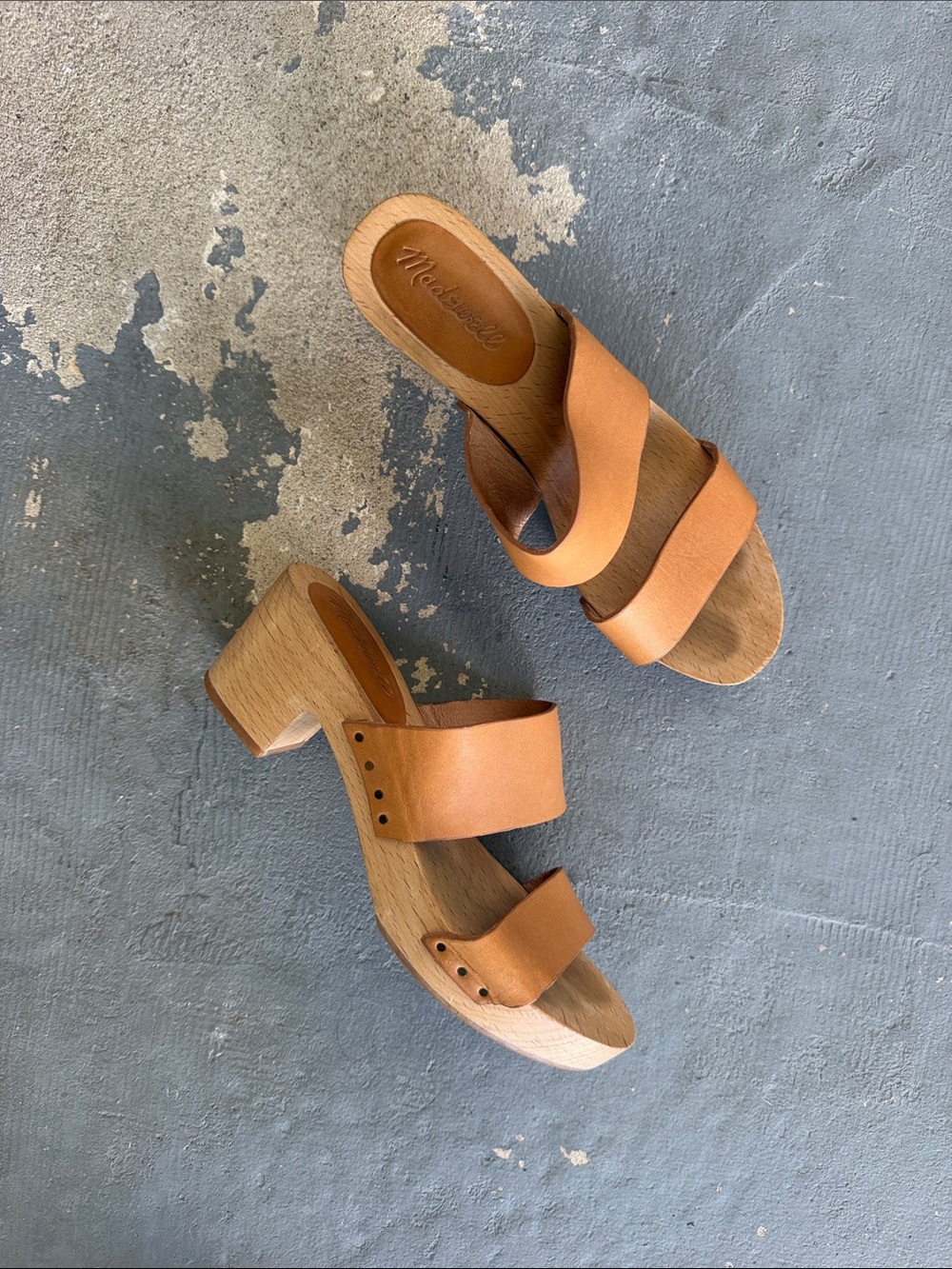 Madewell Tan Leather Two-Band Slide Wooden Mules